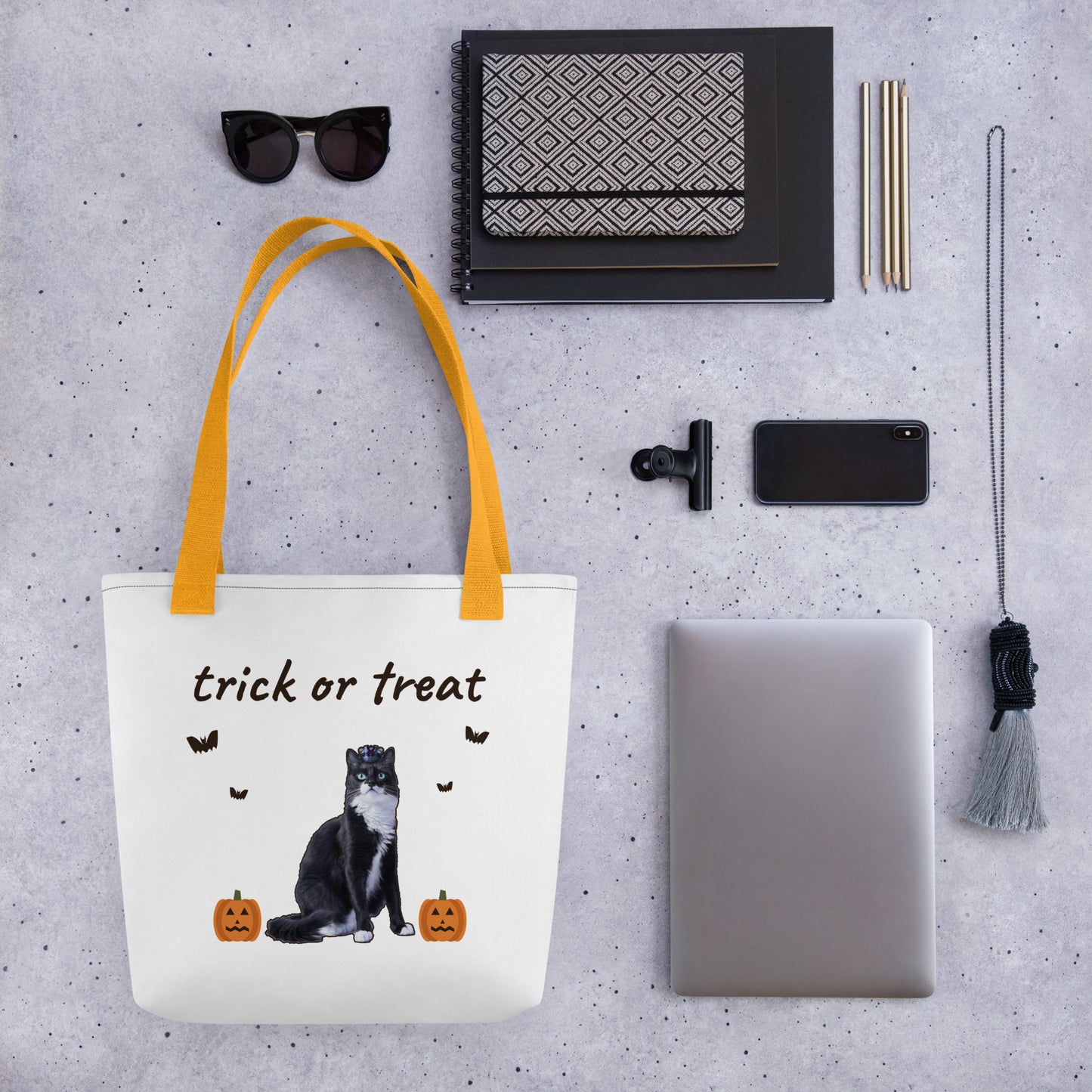 Custom pet Halloween tote styled with everyday items, roomy enough to keep using after October
