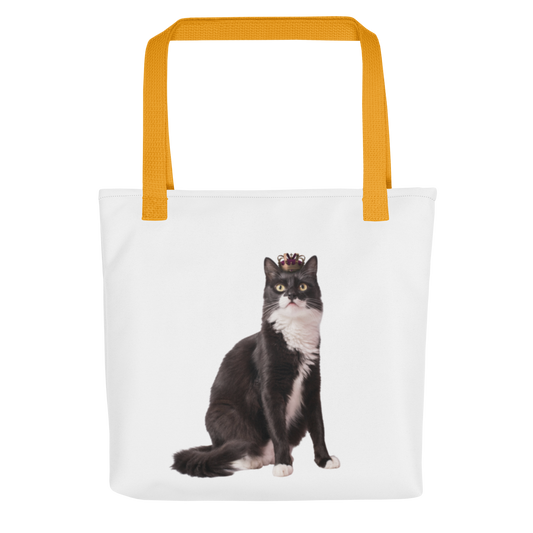 Custom pet photo tote bag with a tuxedo cat printed on the front, all-over print 15x15