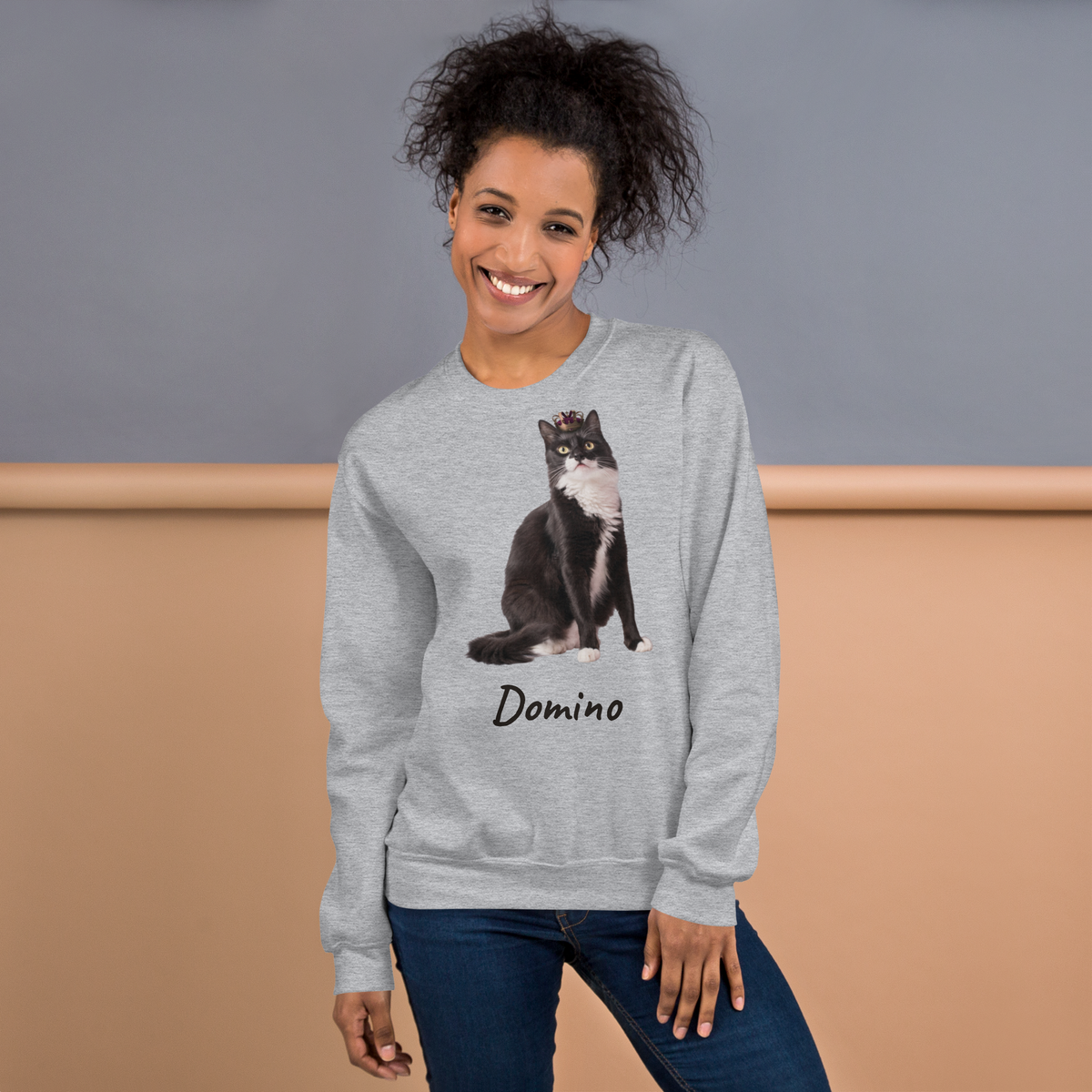 Woman wearing a Sport Grey personalized cat photo sweatshirt, cat mom gift