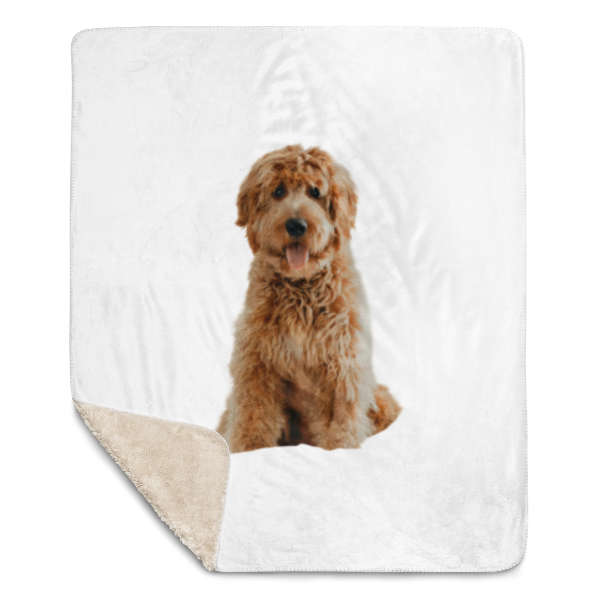Personalized goldendoodle photo blanket spread flat on a bed, cozy gift for doodle owners
