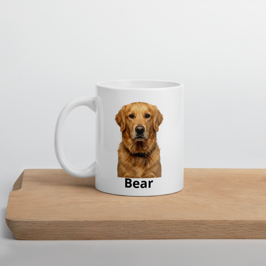 Custom pet photo mug with golden retriever illustration on wooden cutting board