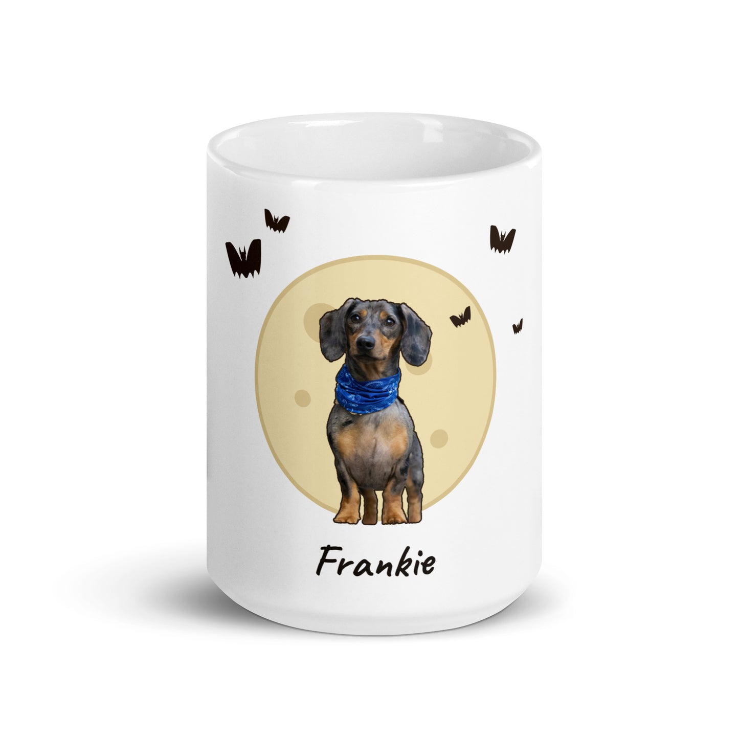 Personalized Halloween coffee mug in 15 oz, dog under a full moon with bats, spooky season gift for dog moms