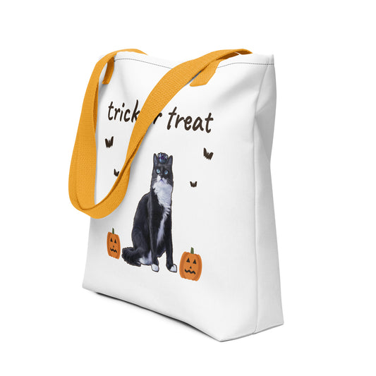Custom trick or treat tote bag with a tuxedo cat and jack-o'-lanterns, trick or treat hand-lettered above