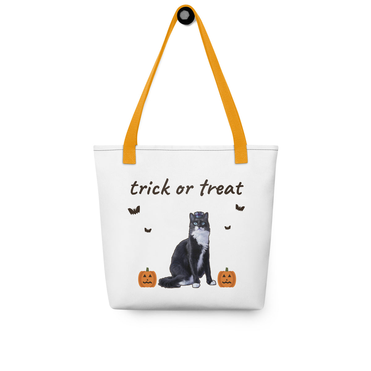 Personalized Halloween candy bag, 15x15 tote with a cat printed between two carved pumpkins