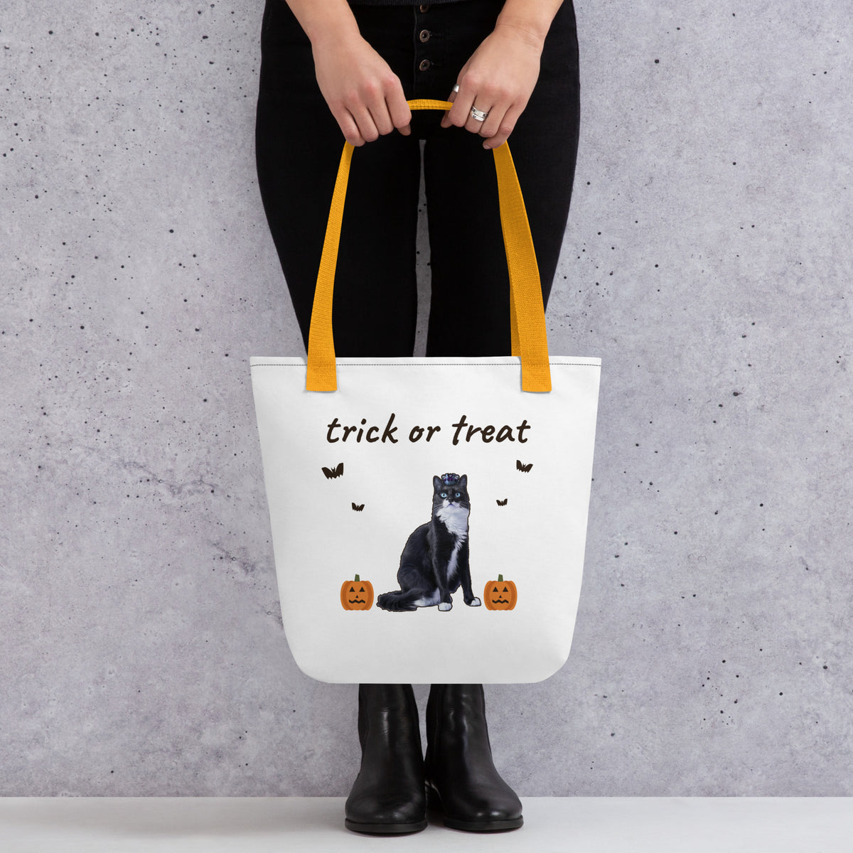 Personalized Halloween trick or treat tote carried over the shoulder, custom pet candy bag