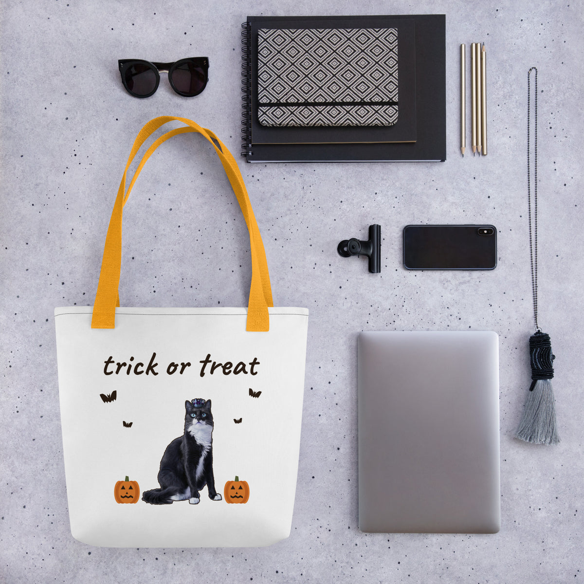 Custom pet Halloween tote styled with everyday items, roomy enough to keep using after October
