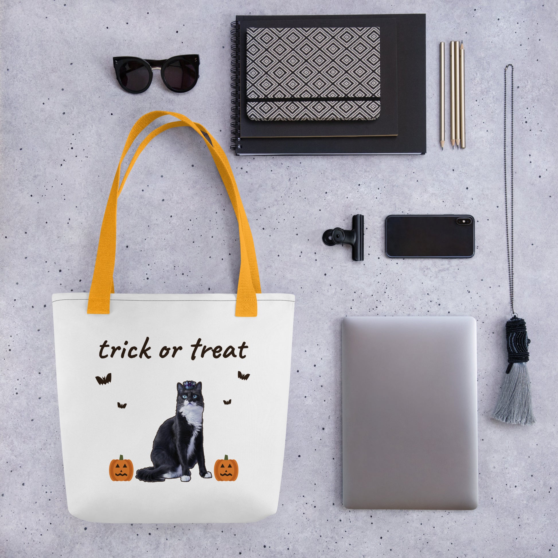 Custom pet Halloween tote styled with everyday items, roomy enough to keep using after October