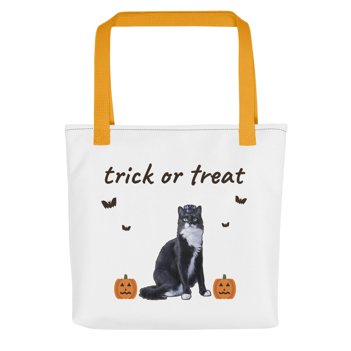 Custom pet trick or treat tote shown flat, cat and pumpkins printed edge to edge on the front