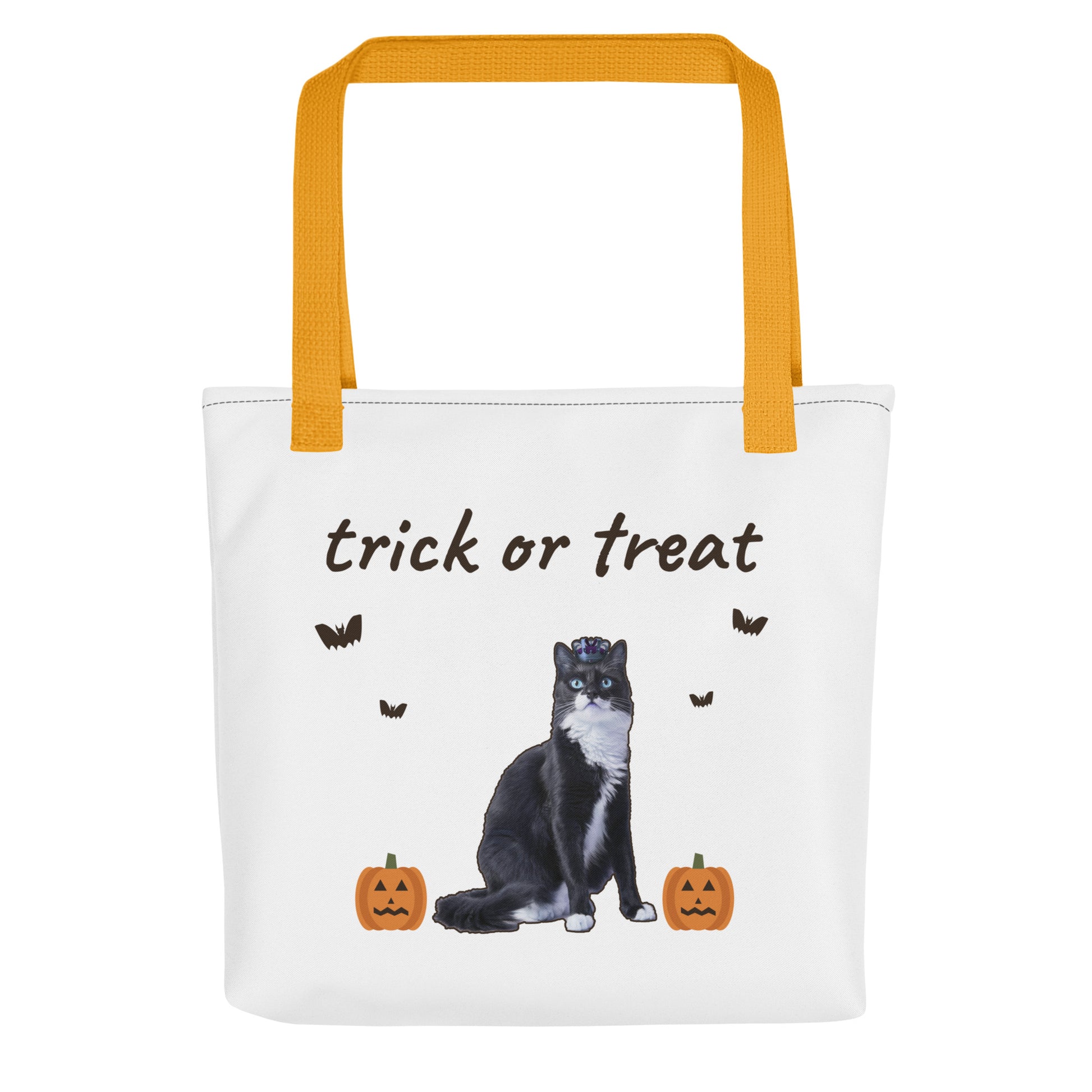 Custom pet trick or treat tote shown flat, cat and pumpkins printed edge to edge on the front