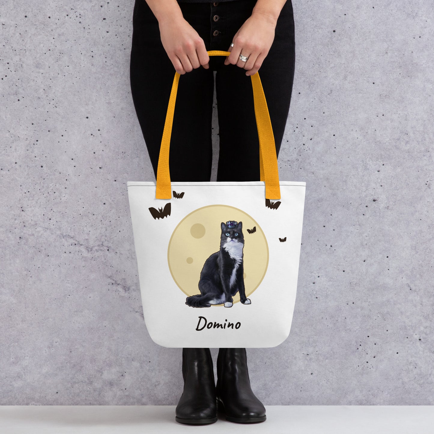 Custom pet full moon tote bag held by hand, 15x15 Halloween bag with bats overhead