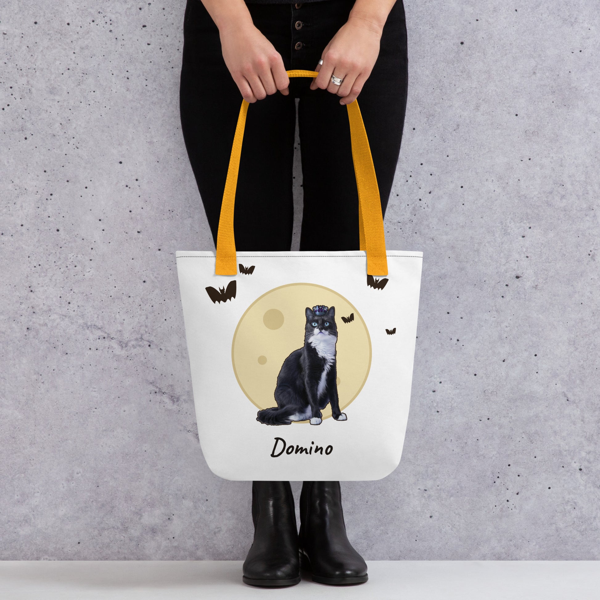 Custom pet full moon tote bag held by hand, 15x15 Halloween bag with bats overhead