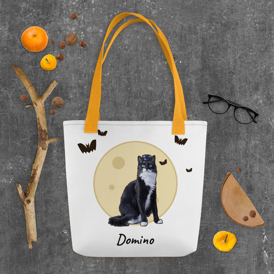 Custom pet full moon tote bag, tuxedo cat under a harvest moon with his name, styled with pumpkins