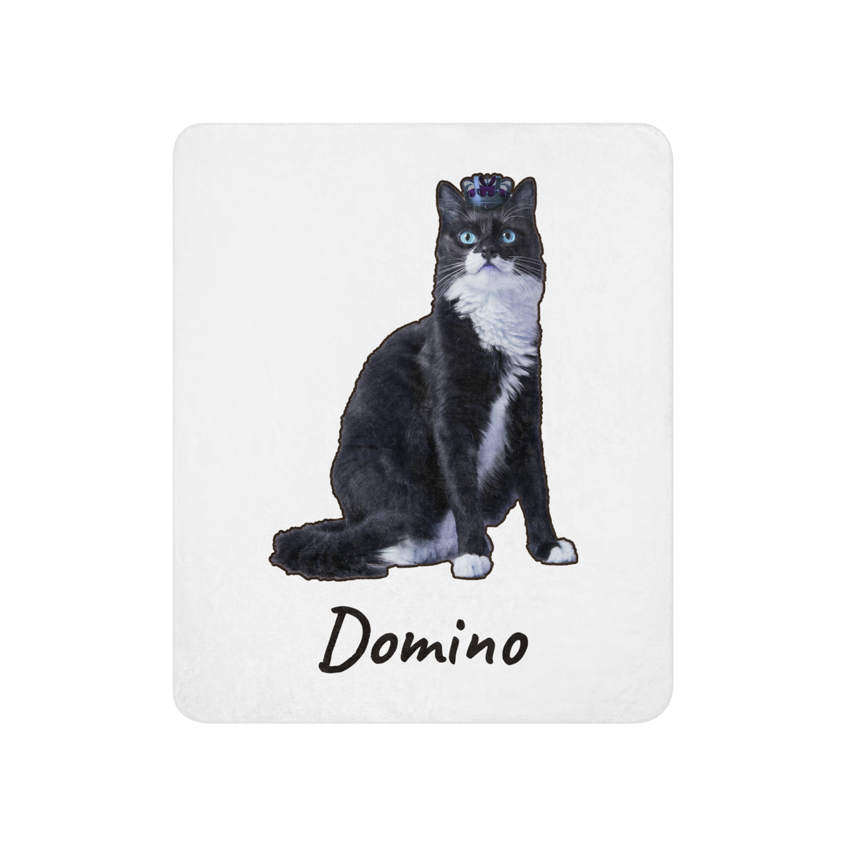 Custom pet photo sherpa blanket with a tuxedo cat printed on the front, cat mom gift