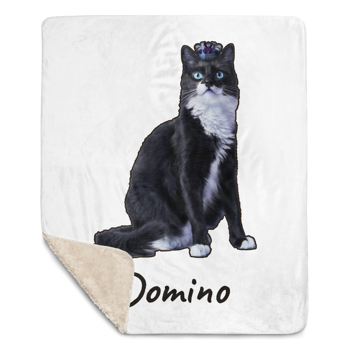 Custom tuxedo cat photo blanket laid flat on a bed, keepsake gift for cat lovers
