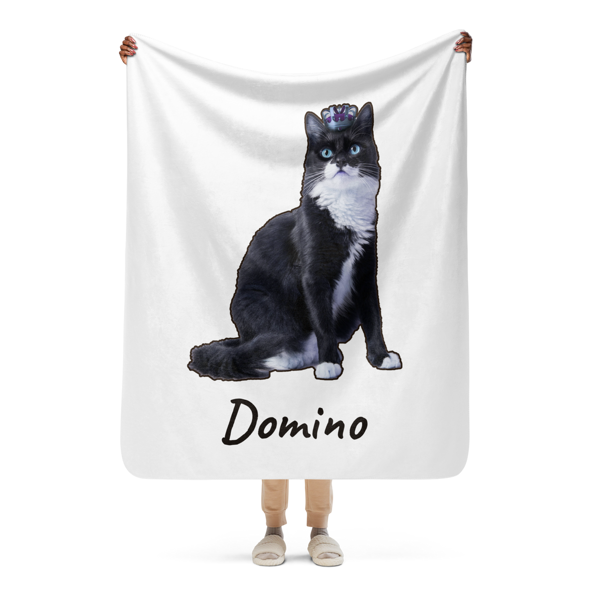 Woman wrapped in a personalized tuxedo cat photo sherpa blanket, cozy gift for cat moms