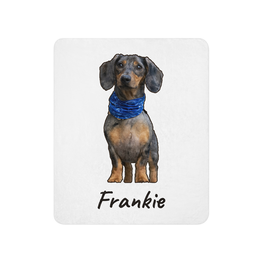 Custom pet photo sherpa blanket with a dachshund printed on the front, dog dad gift
