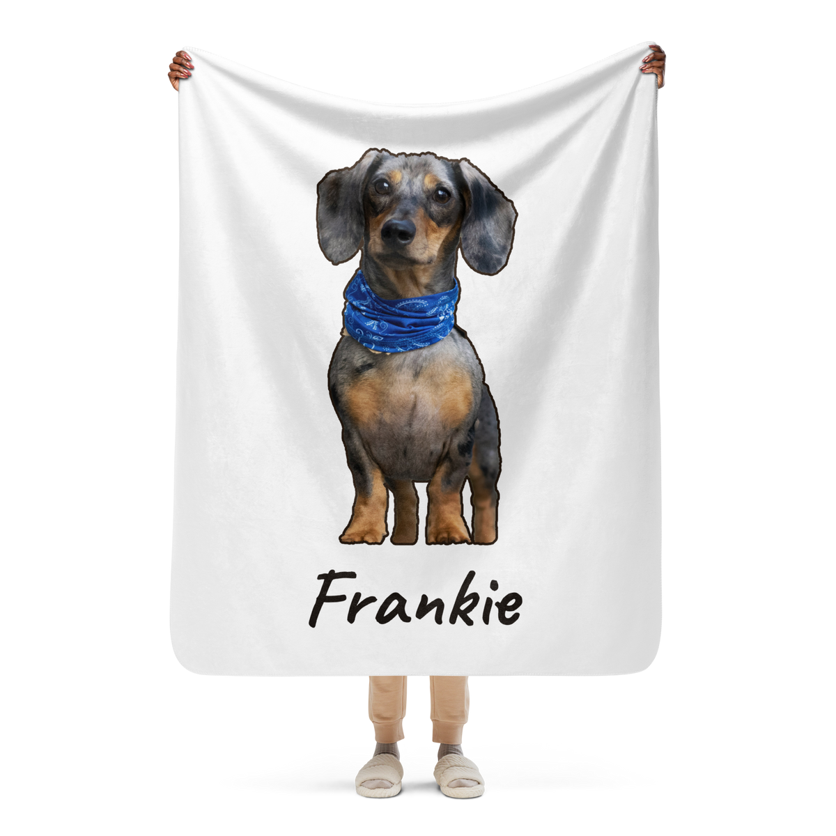 Woman wrapped in a custom dachshund photo sherpa blanket on the sofa, gift for dachshund moms