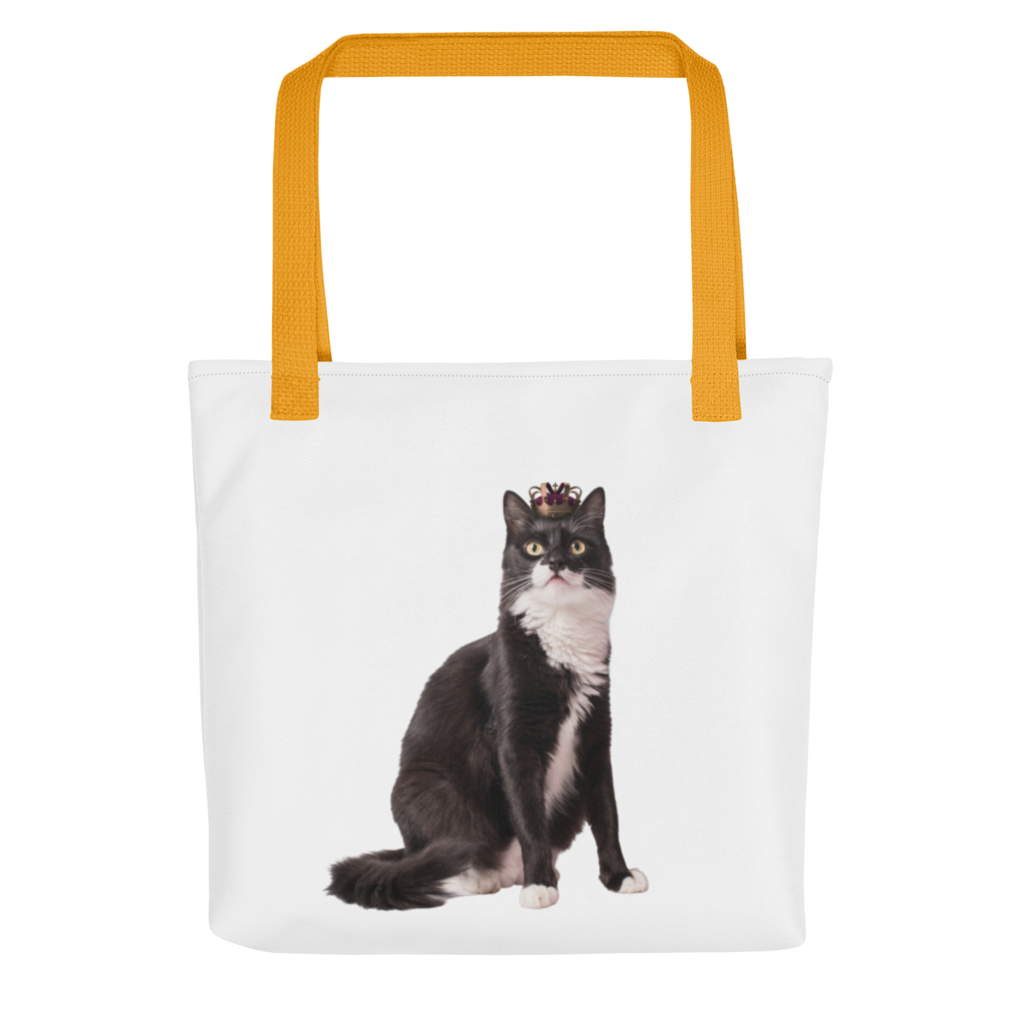 Custom pet photo tote bag with a tuxedo cat printed on the front, all-over print 15x15