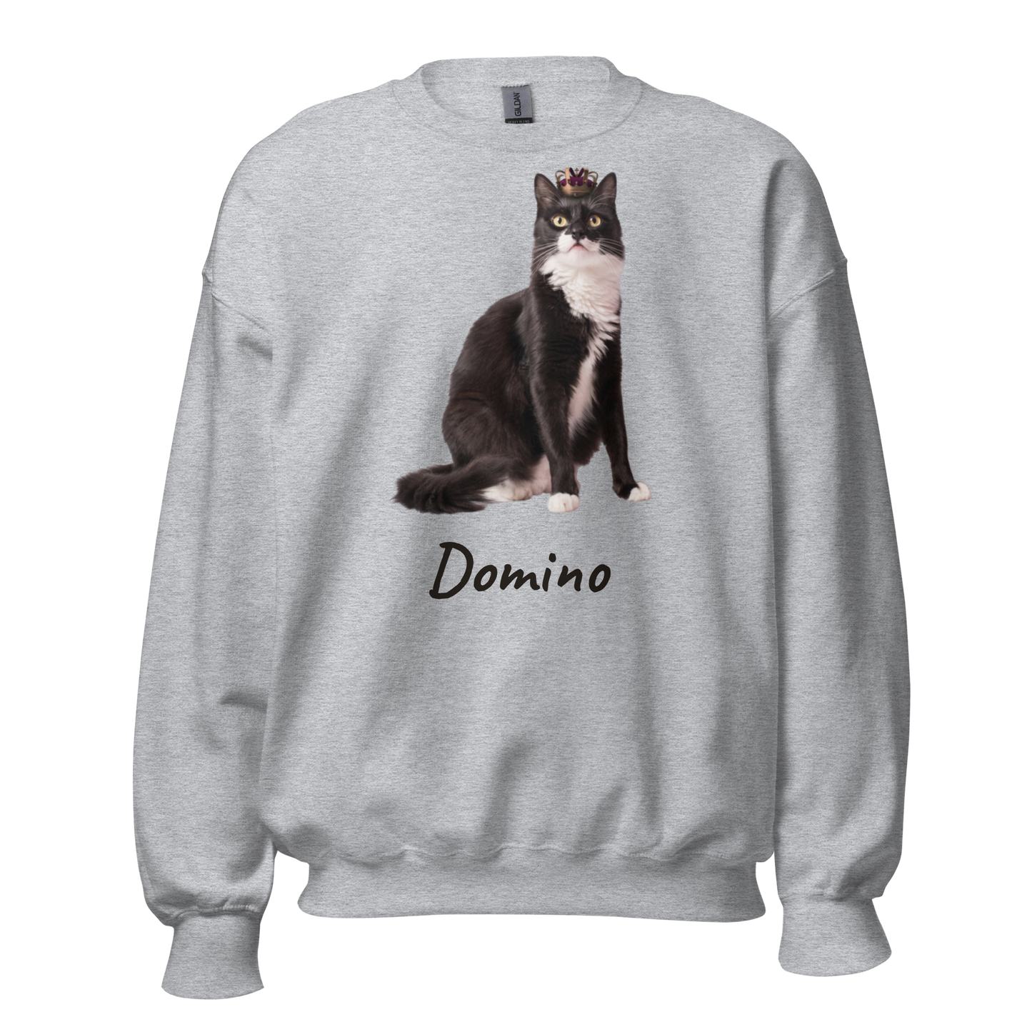 Custom pet photo sweatshirt - tuxedo cat printed on Sport Grey crewneck with the name Domino, front view