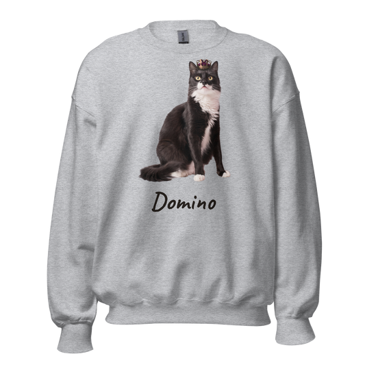 Custom pet photo sweatshirt - tuxedo cat printed on Sport Grey crewneck with the name Domino, front view