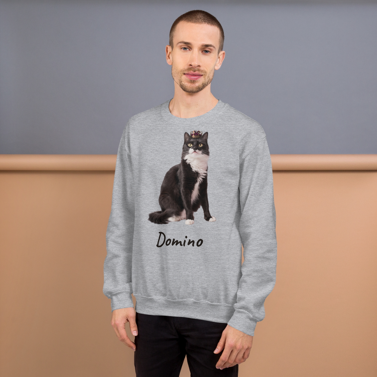 Man wearing a Sport Grey custom cat photo sweatshirt, cat dad gift