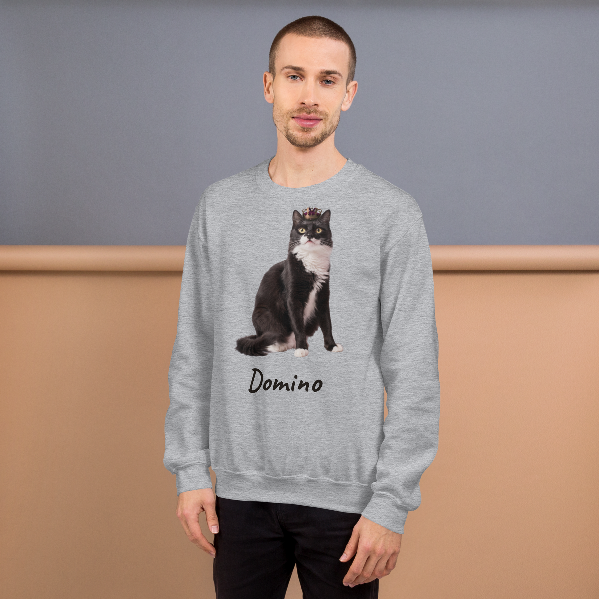 Man wearing a Sport Grey custom cat photo sweatshirt, cat dad gift