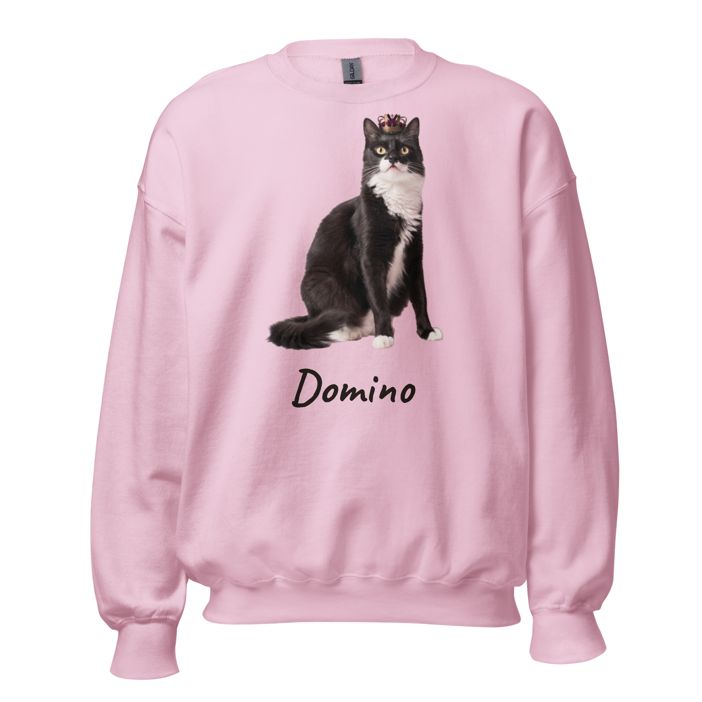 Personalized cat photo sweatshirt on Light Pink crewneck with the pet name Domino