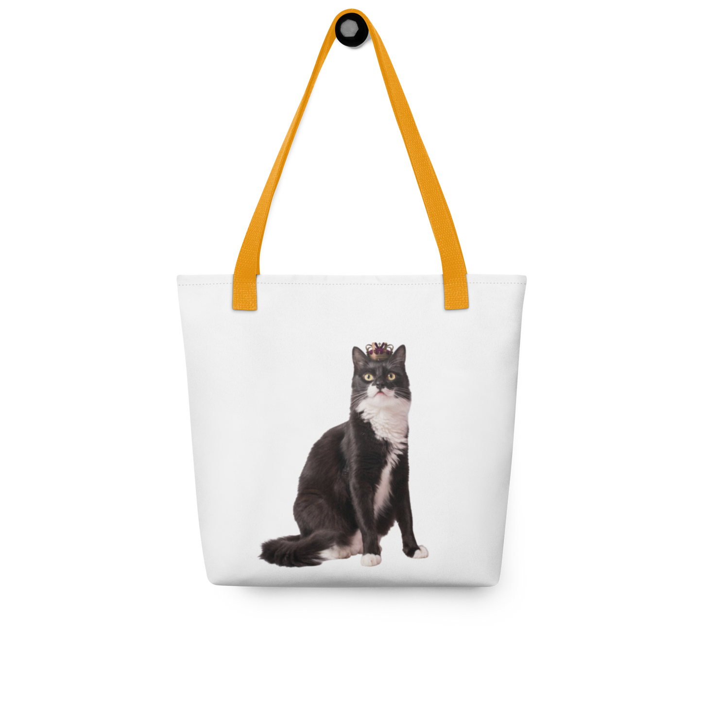 Personalized tuxedo cat photo tote bag hanging on a hook, cat mom gift