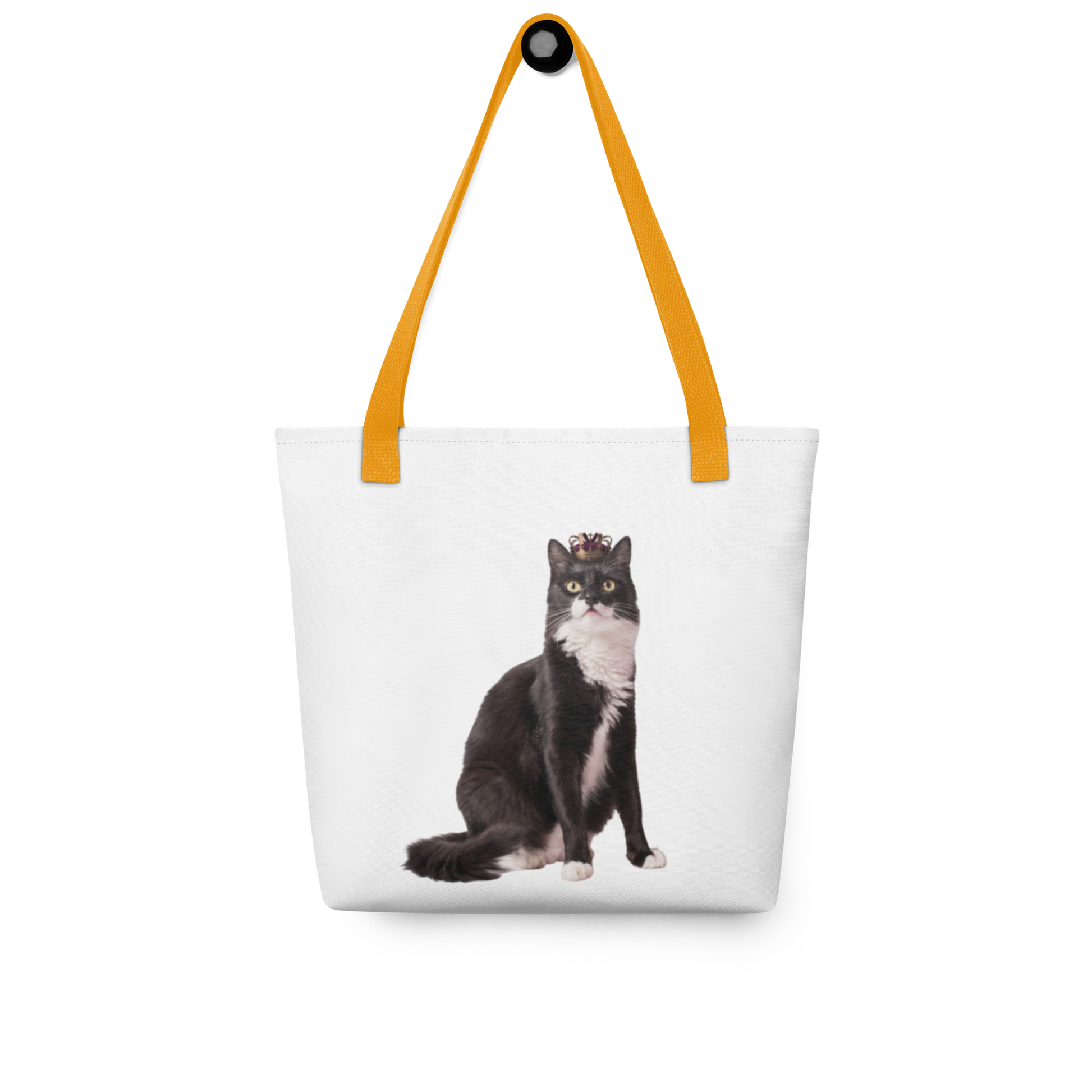Personalized tuxedo cat photo tote bag hanging on a hook, cat mom gift
