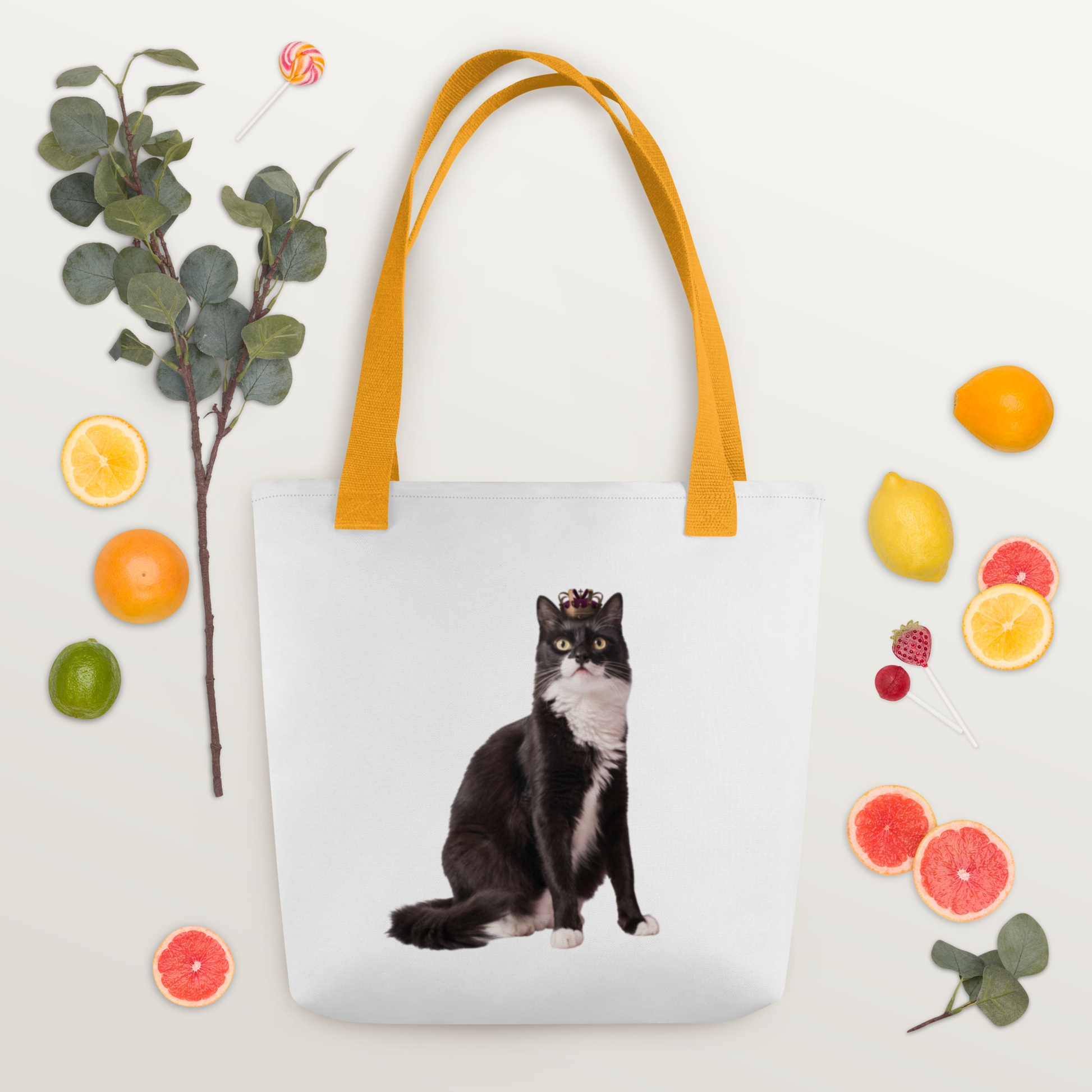 Tuxedo cat photo tote bag carried outdoors in spring, personalized cat lover gift