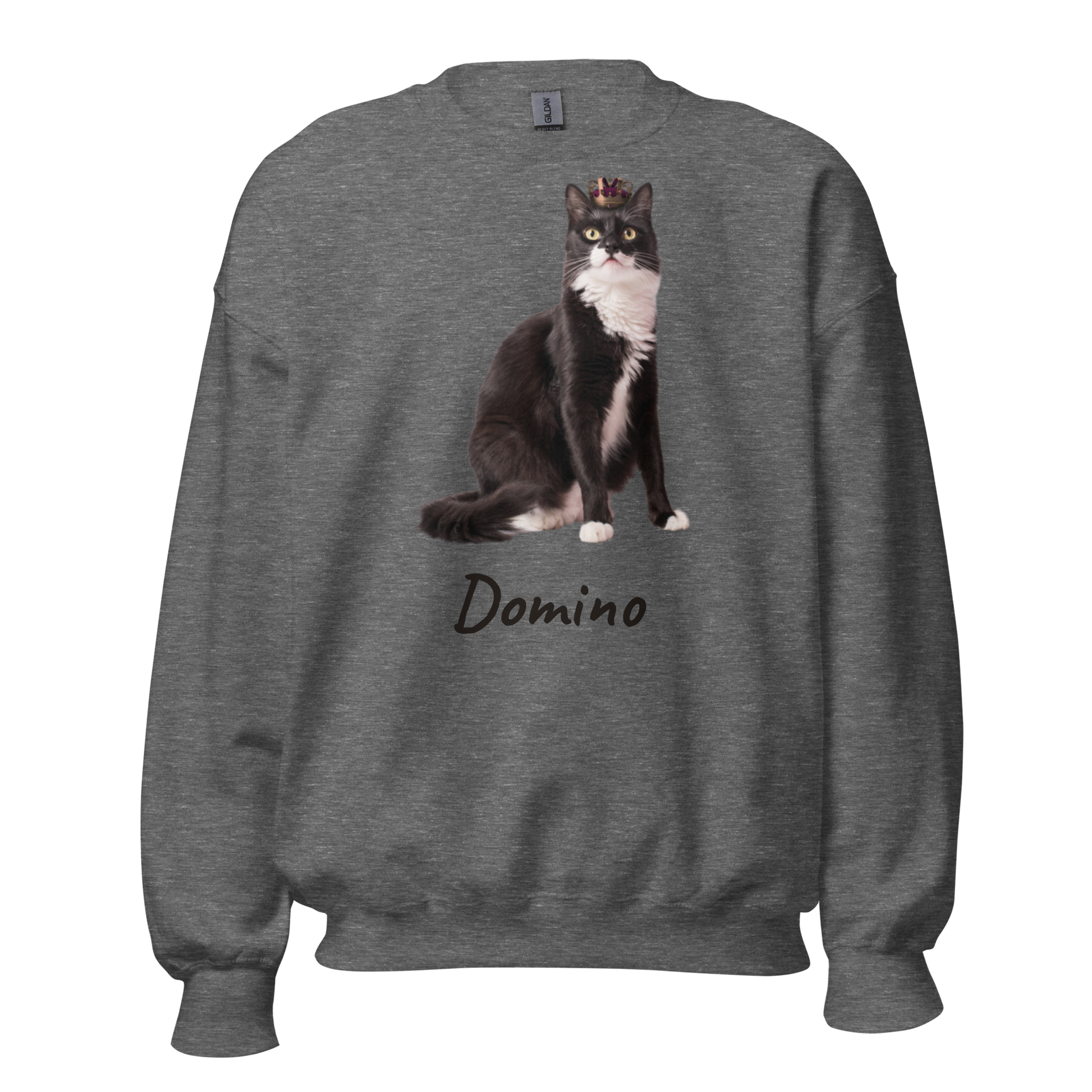 Custom cat portrait sweatshirt on Graphite Heather grey crewneck, tuxedo cat named Domino