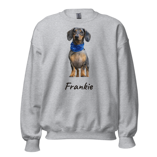 Custom pet photo sweatshirt - dachshund printed on Sport Grey crewneck with the name Frankie, front view