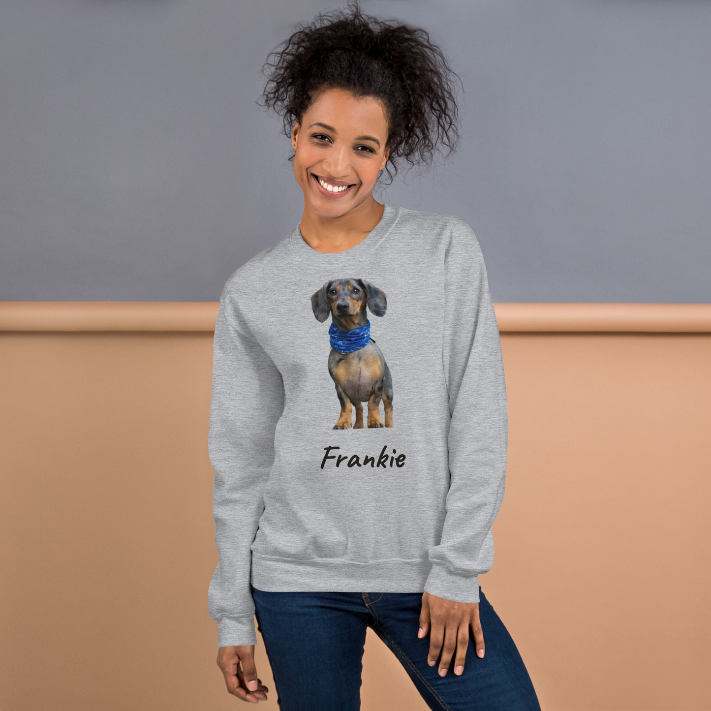 Woman wearing a Sport Grey personalized dog photo sweatshirt, dog mom gift