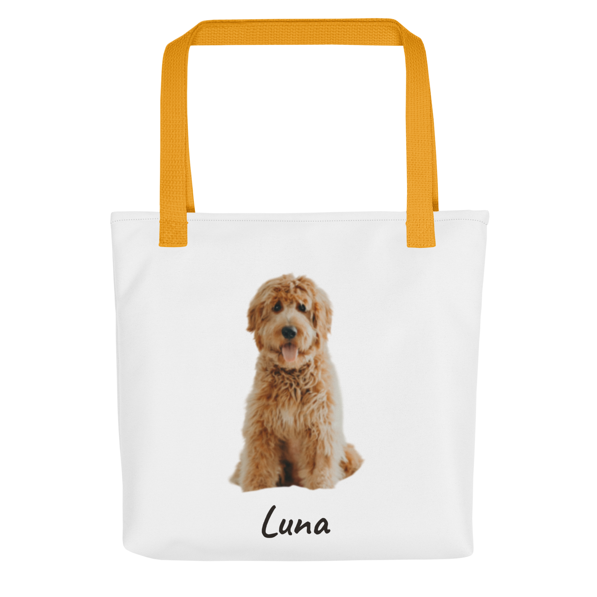 Custom pet photo tote bag with a goldendoodle printed on the front, all-over print 15x15