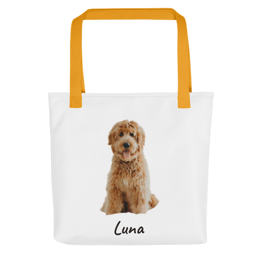 Custom pet photo tote bag with a goldendoodle printed on the front, all-over print 15x15