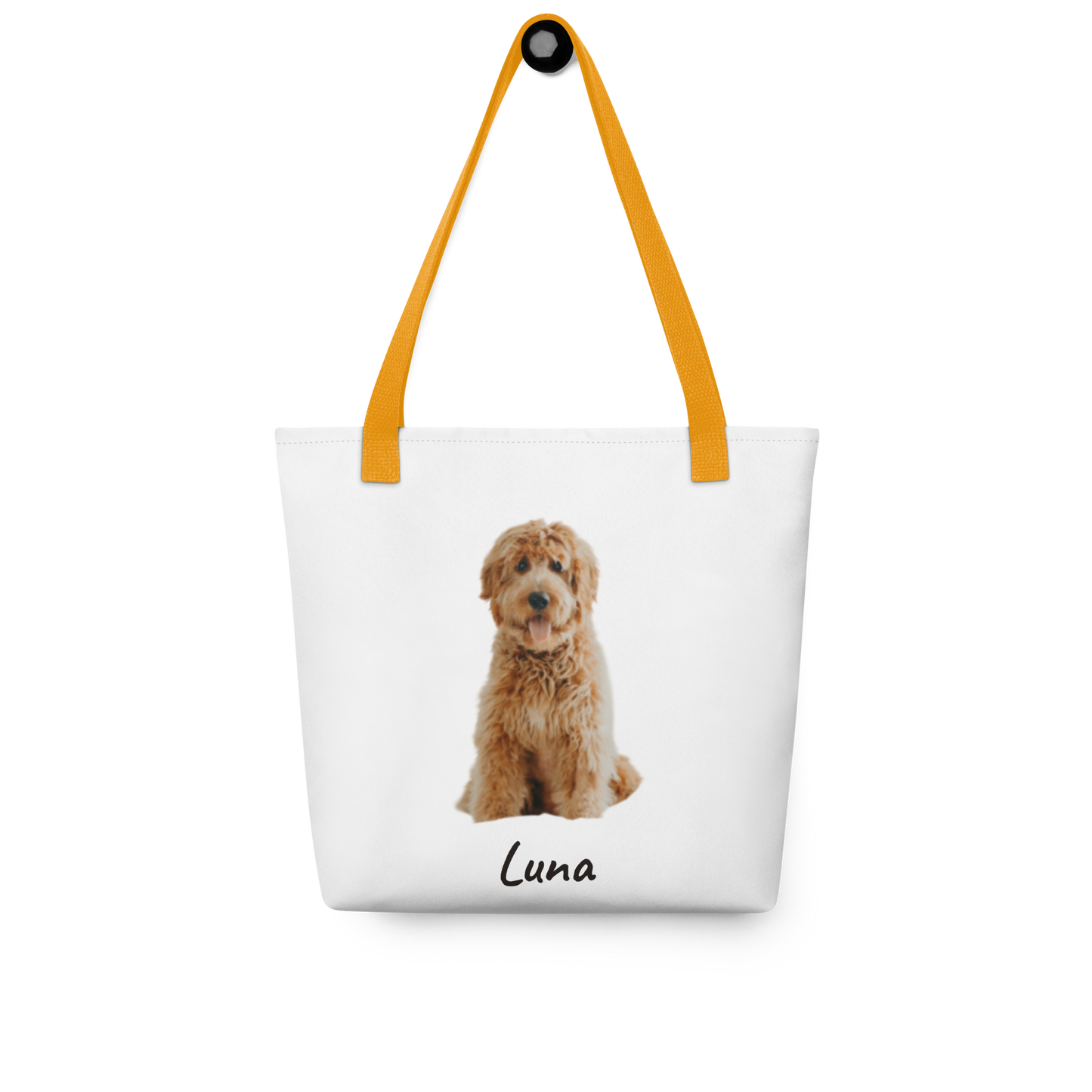 Personalized goldendoodle photo tote bag hanging on a hook, dog mom gift