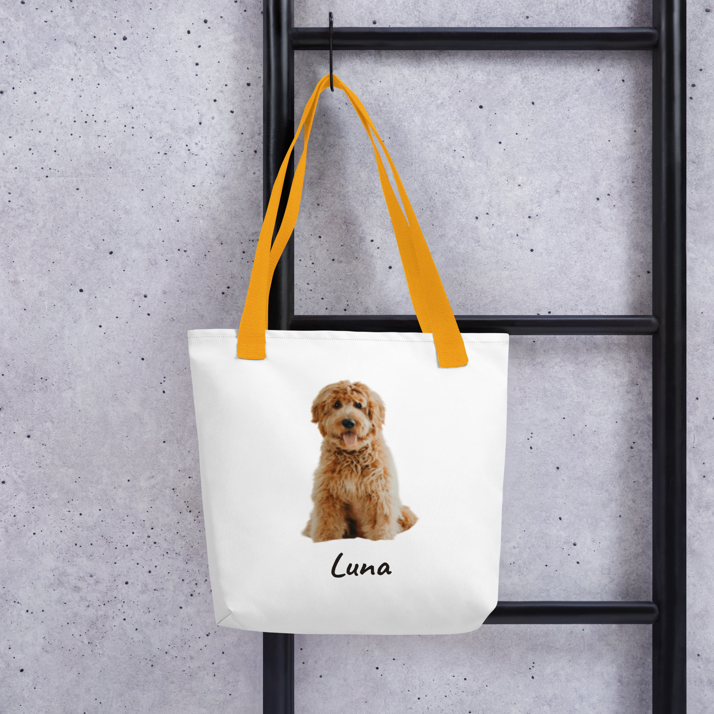 Custom dog photo tote bag styled on a wooden ladder, goldendoodle print