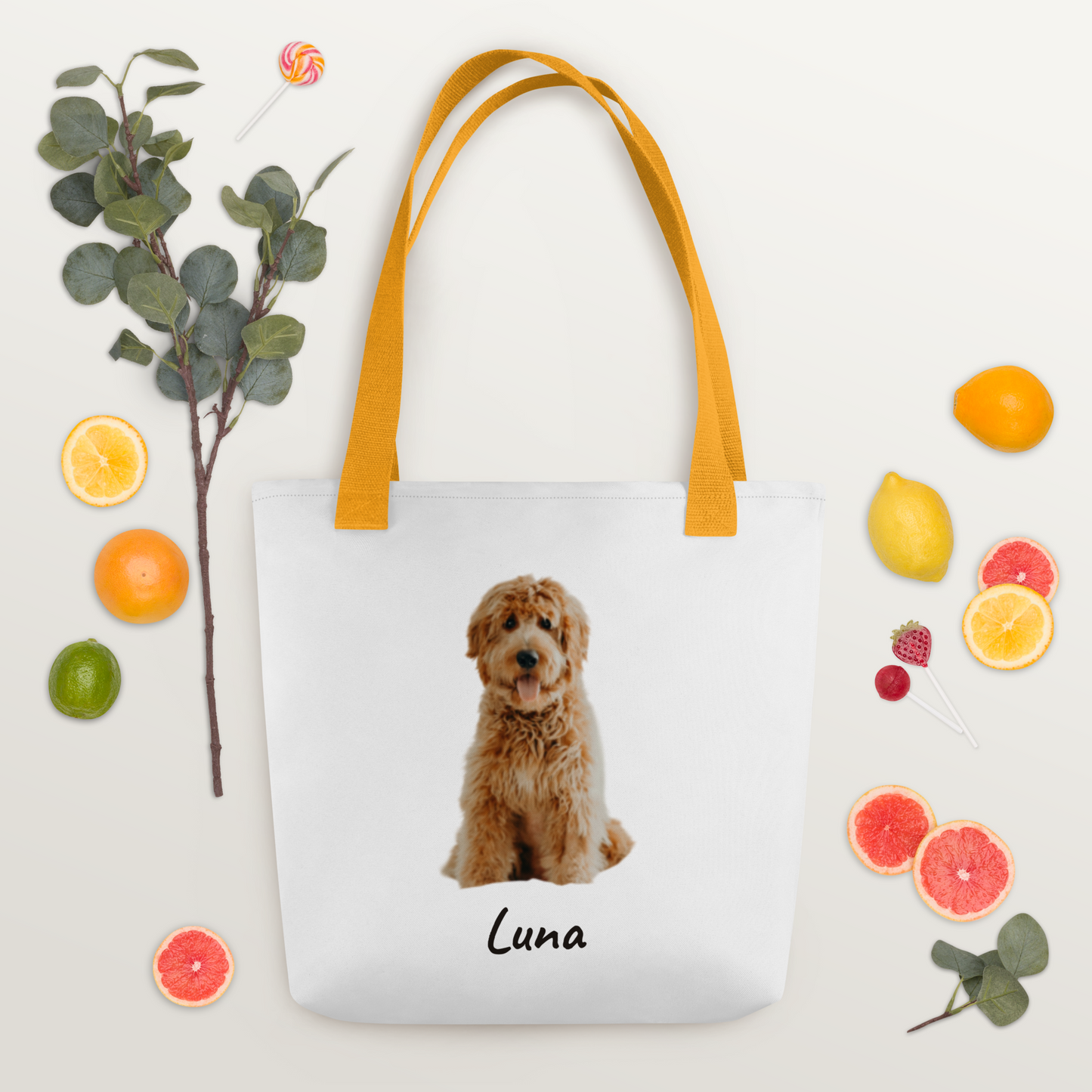 Goldendoodle photo tote bag held outdoors in spring, personalized dog lover gift