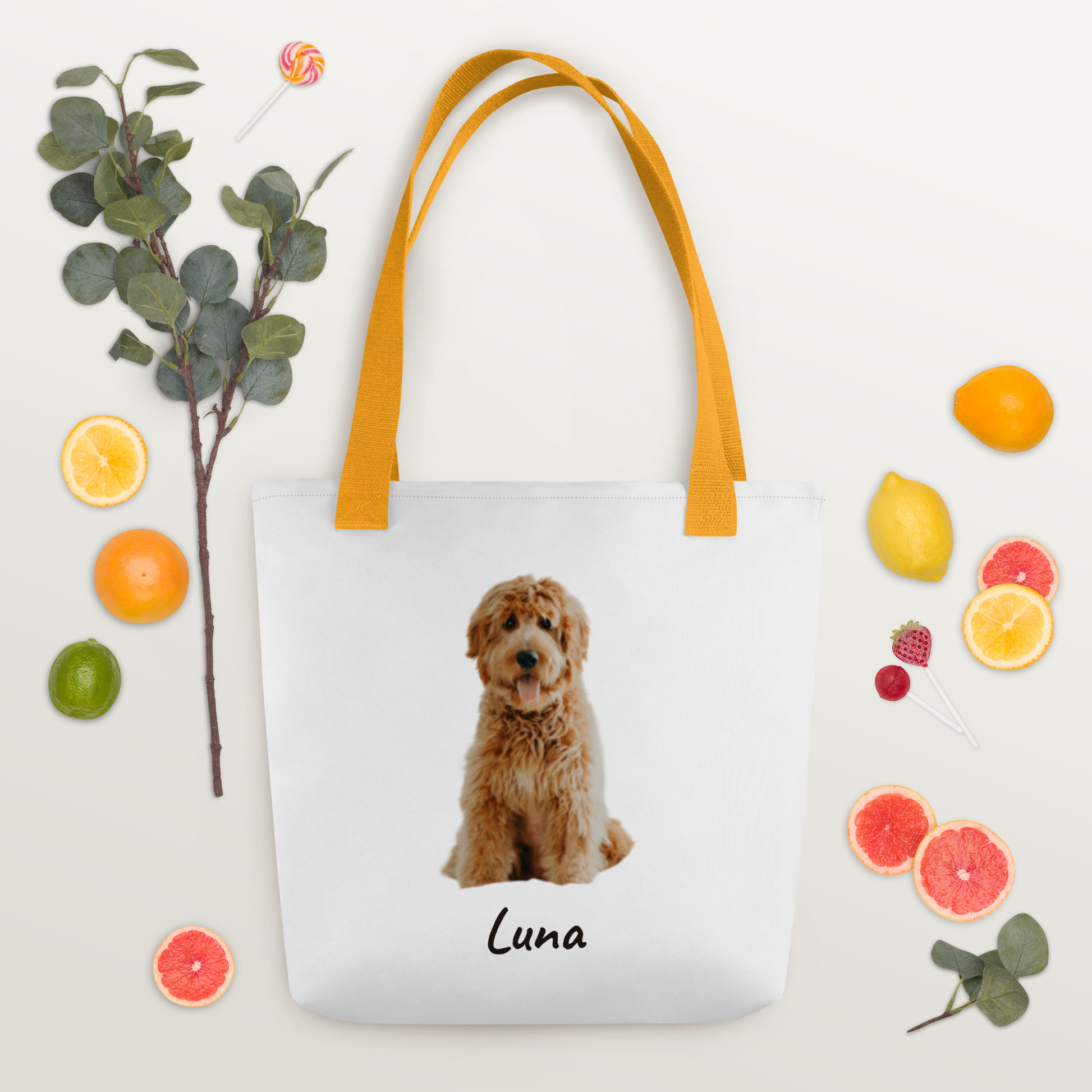 Goldendoodle photo tote bag held outdoors in spring, personalized dog lover gift