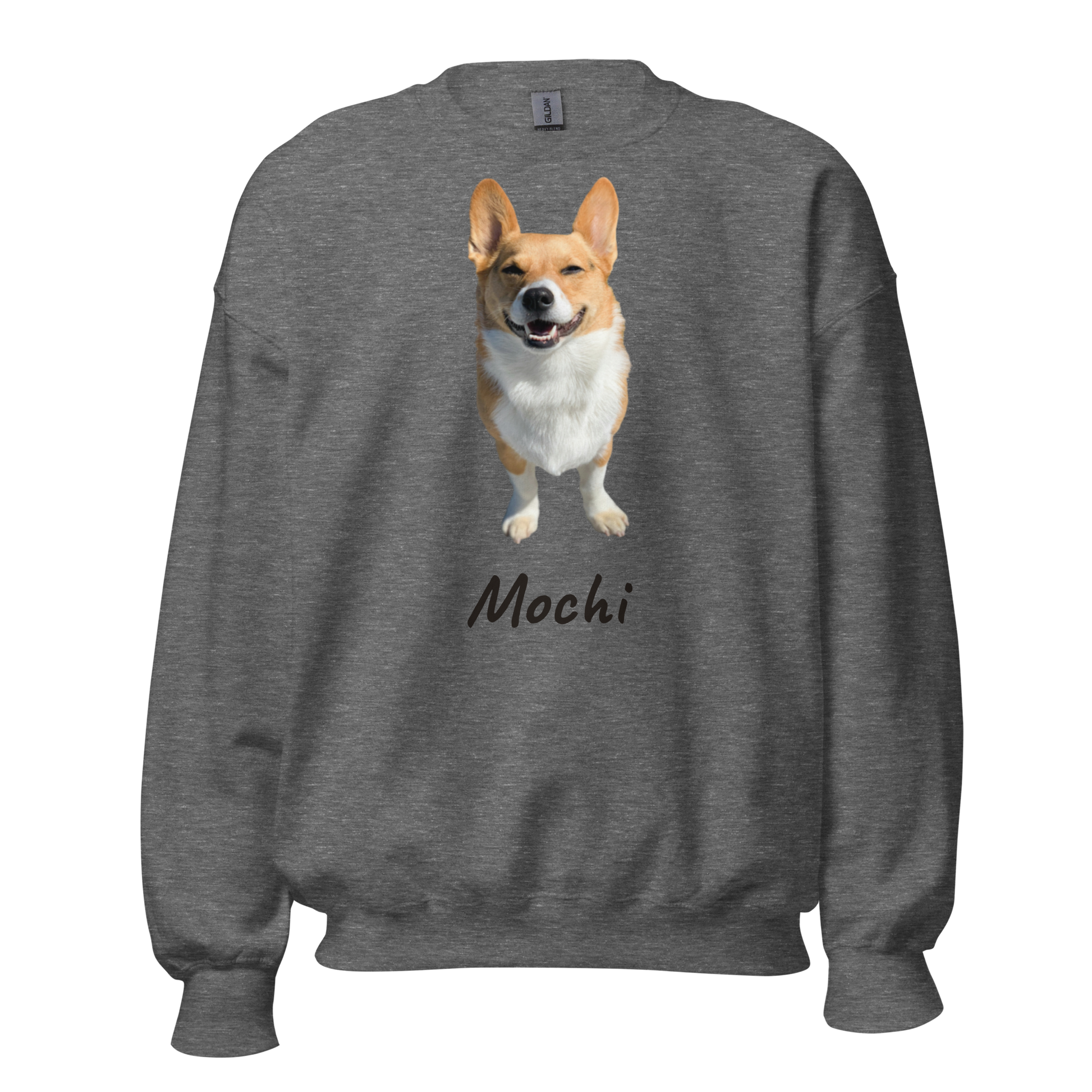 Custom corgi photo sweatshirt on Graphite Heather grey crewneck with the pet name Mochi