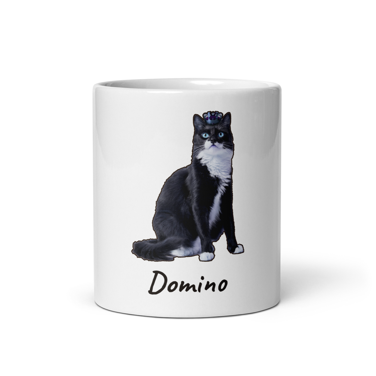 Personalized tuxedo cat photo mug, front view with the cat's name printed in handwriting, cat mom gift