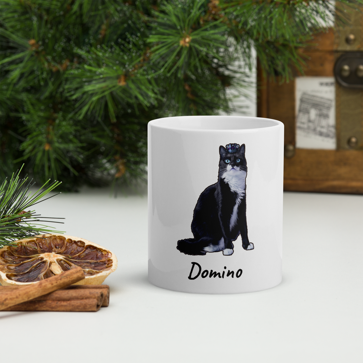 Custom tuxedo cat photo mug on a festive holiday tabletop, Christmas gift for cat moms