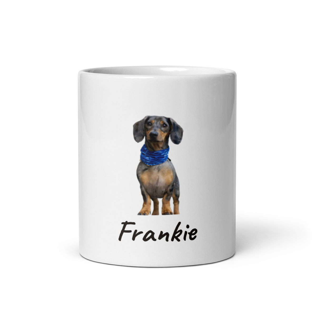 Custom dachshund photo mug, front view with the dog's name in handwritten script, dog dad gift