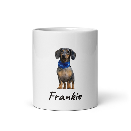 Custom dachshund photo mug, front view with the dog's name in handwritten script, dog dad gift