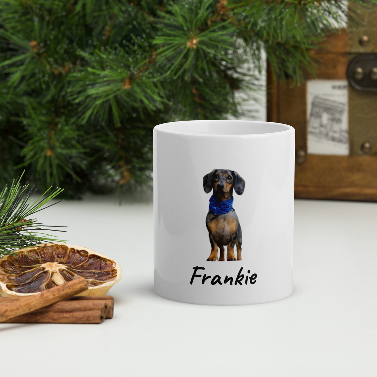 Personalized dachshund photo mug styled on a cozy holiday table, Christmas gift for dog dads