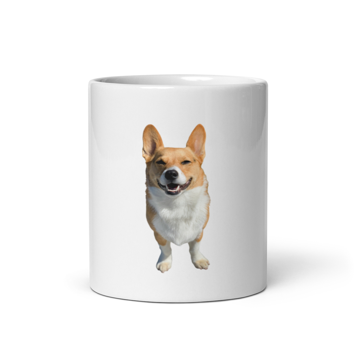 Personalized corgi photo mug, front view with the pet portrait printed on white ceramic, corgi mom gift