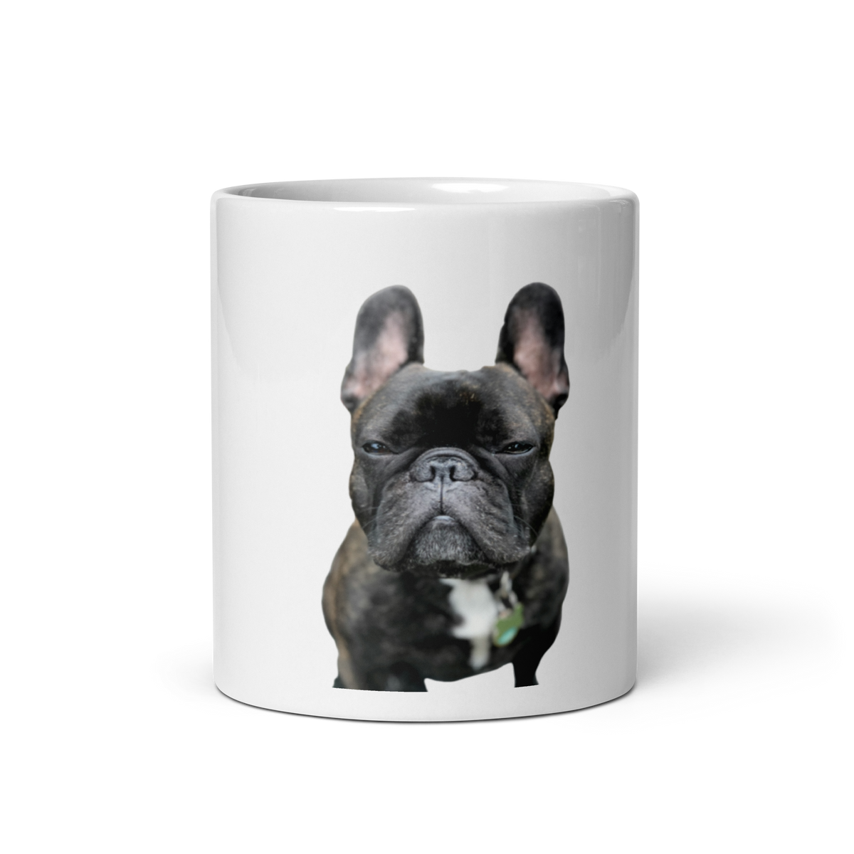 Custom French bulldog photo mug, front view with the pet portrait printed on white ceramic, dog lover gift