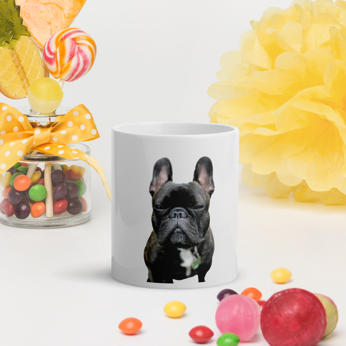 Personalized French bulldog photo mug on a bright spring table setting, gift for Frenchie lovers