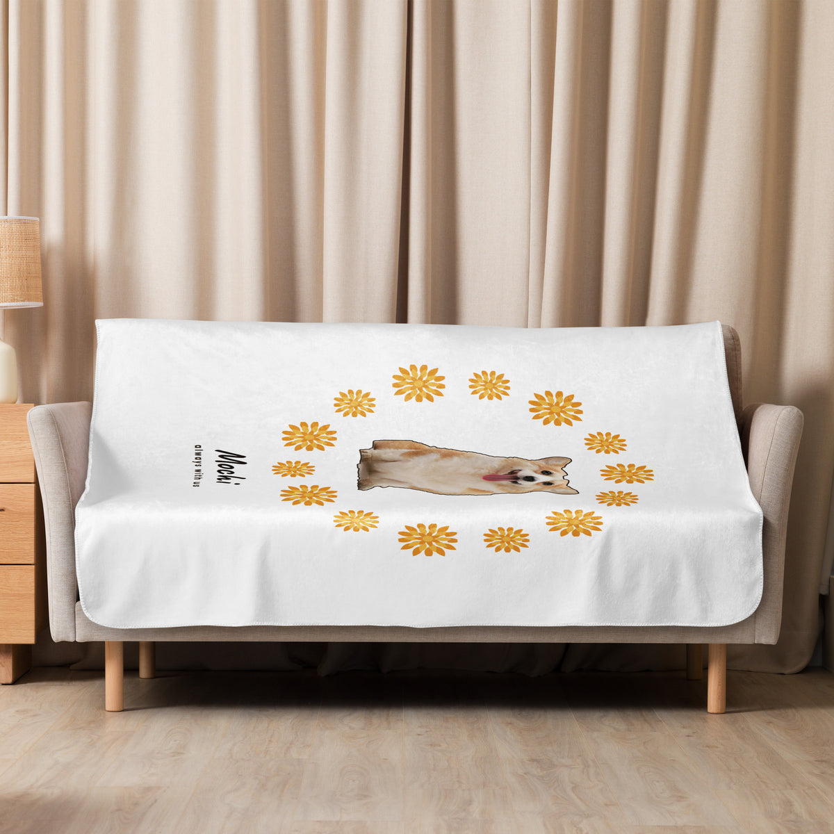 Custom pet memorial sherpa blanket spread across a bed, marigold keepsake for a pet who has passed