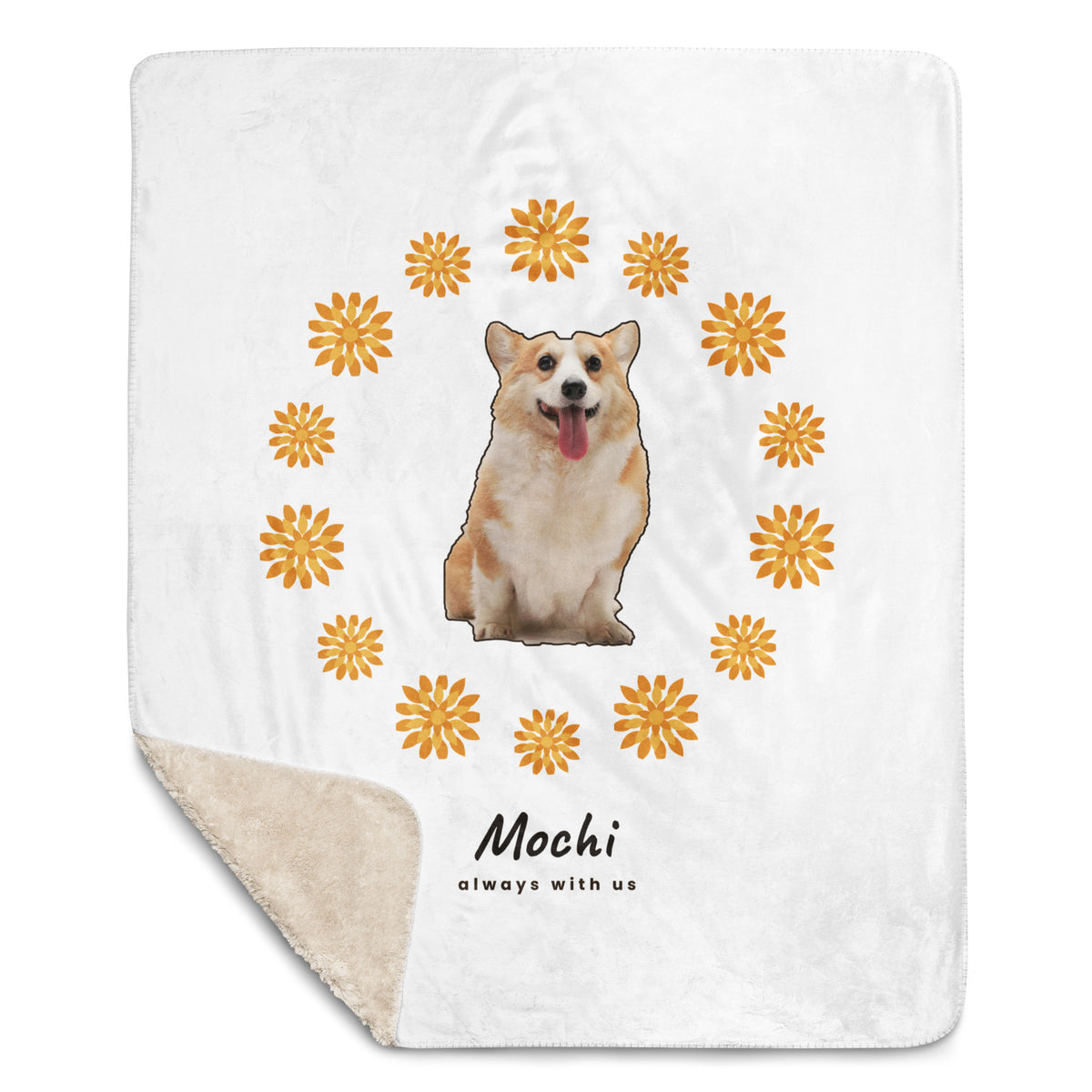 Day of the Dead pet memorial blanket with the plush sherpa backing shown at the folded corner
